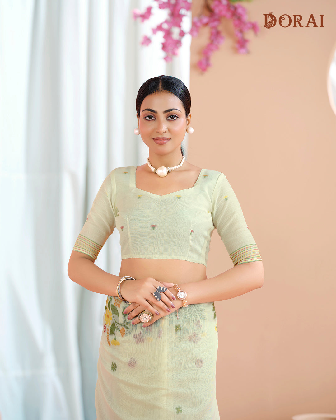 Ivory Yellow Muga-Cotton Jamdani Saree – Floral Woven Design and Oragana Pallu