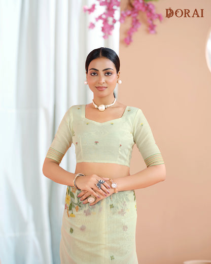 Ivory Yellow Muga-Cotton Jamdani Saree – Floral Woven Design and Oragana Pallu