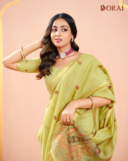 Light Sage Green Jamdani Muga Cotton Saree | Woven Paisley Motifs