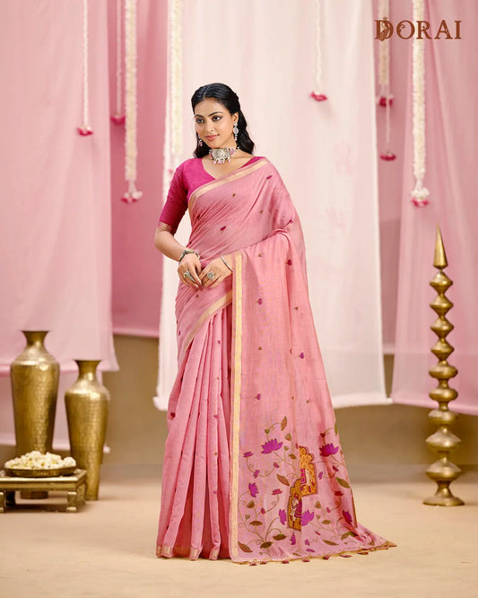 Rose Bloom – Pink Muga Cotton Saree with Ethnic Artistry