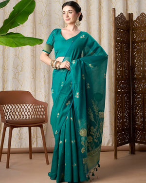 Rama Green Muga Cotton Jamdani Saree with Floral Pallu