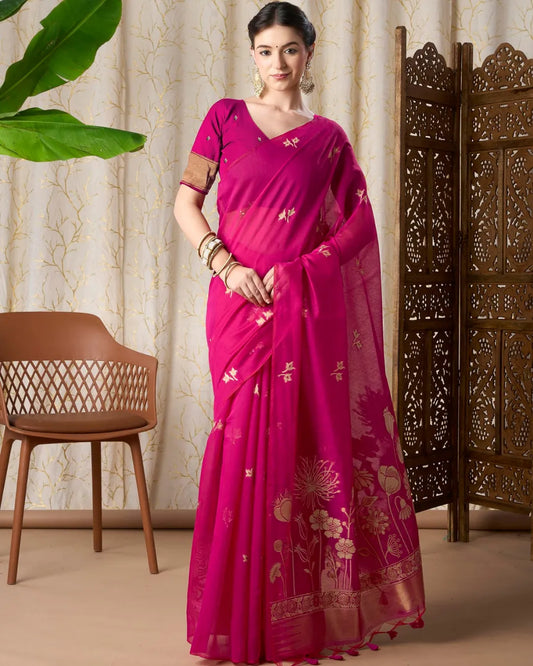 Rani Pink Muga Cotton Jamdani Saree with Floral Pallu