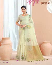 Creamy Radiance – Chikoo Muga Cotton Saree with Organza Pallu Floral Artistry
