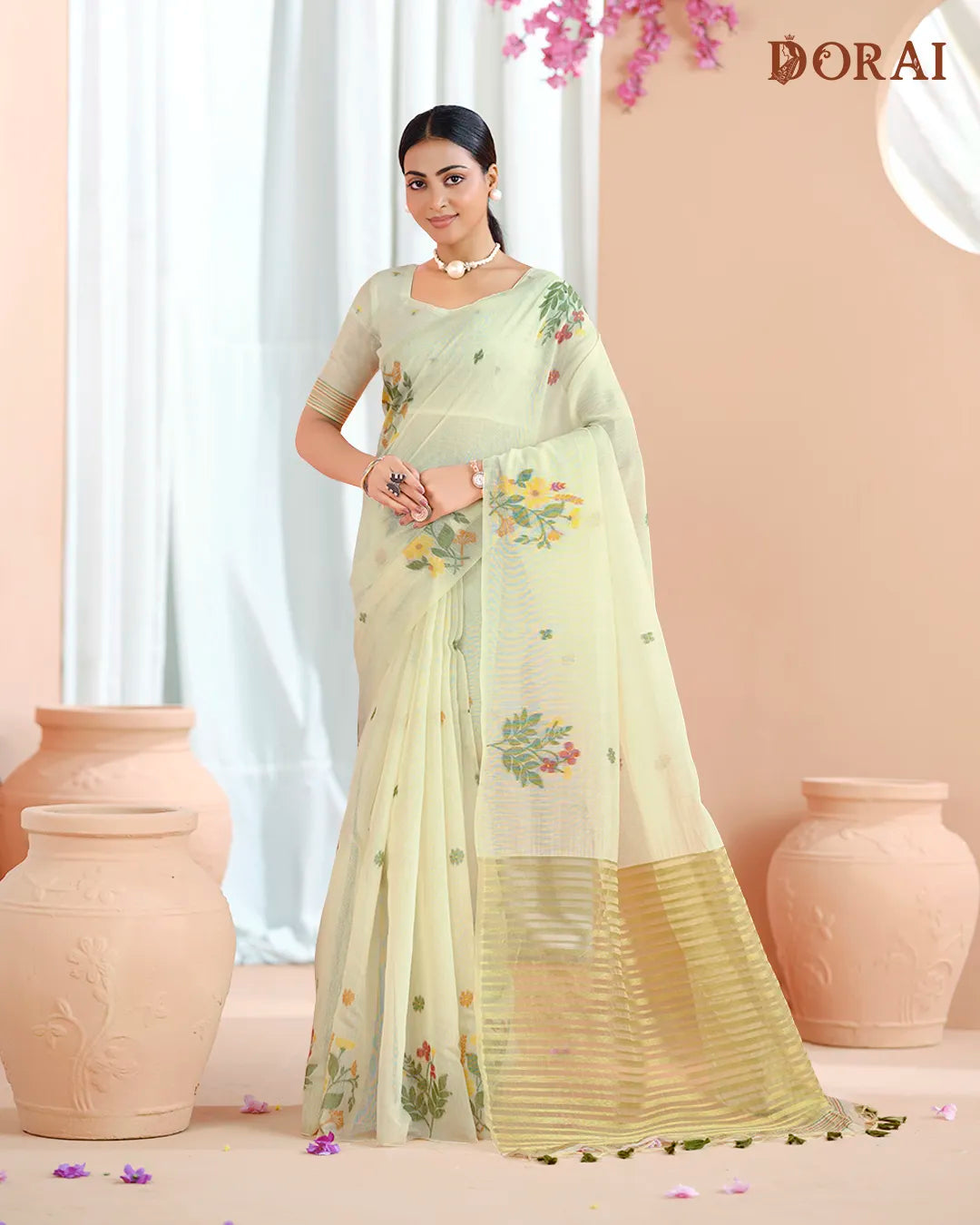 Lavender Muga Cotton Saree with Floral Motifs and Zari Pallu