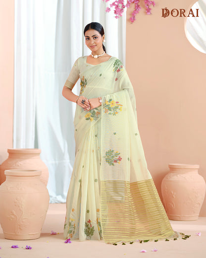 Ivory Yellow Muga-Cotton Jamdani Saree – Floral Woven Design and Oragana Pallu