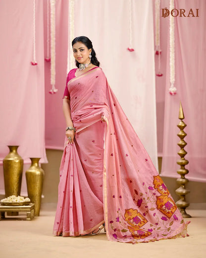 Rose Bloom – Pink Muga Cotton Saree with Ethnic Artistry