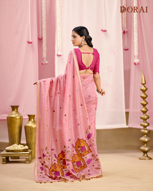 Dusty Rose  Rangkat Muga-Cotton Saree | Ethnic Motifs with Gold Border