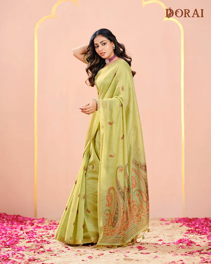 Lime Refresh – Pista Green Muga Cotton Saree with Heritage Weave