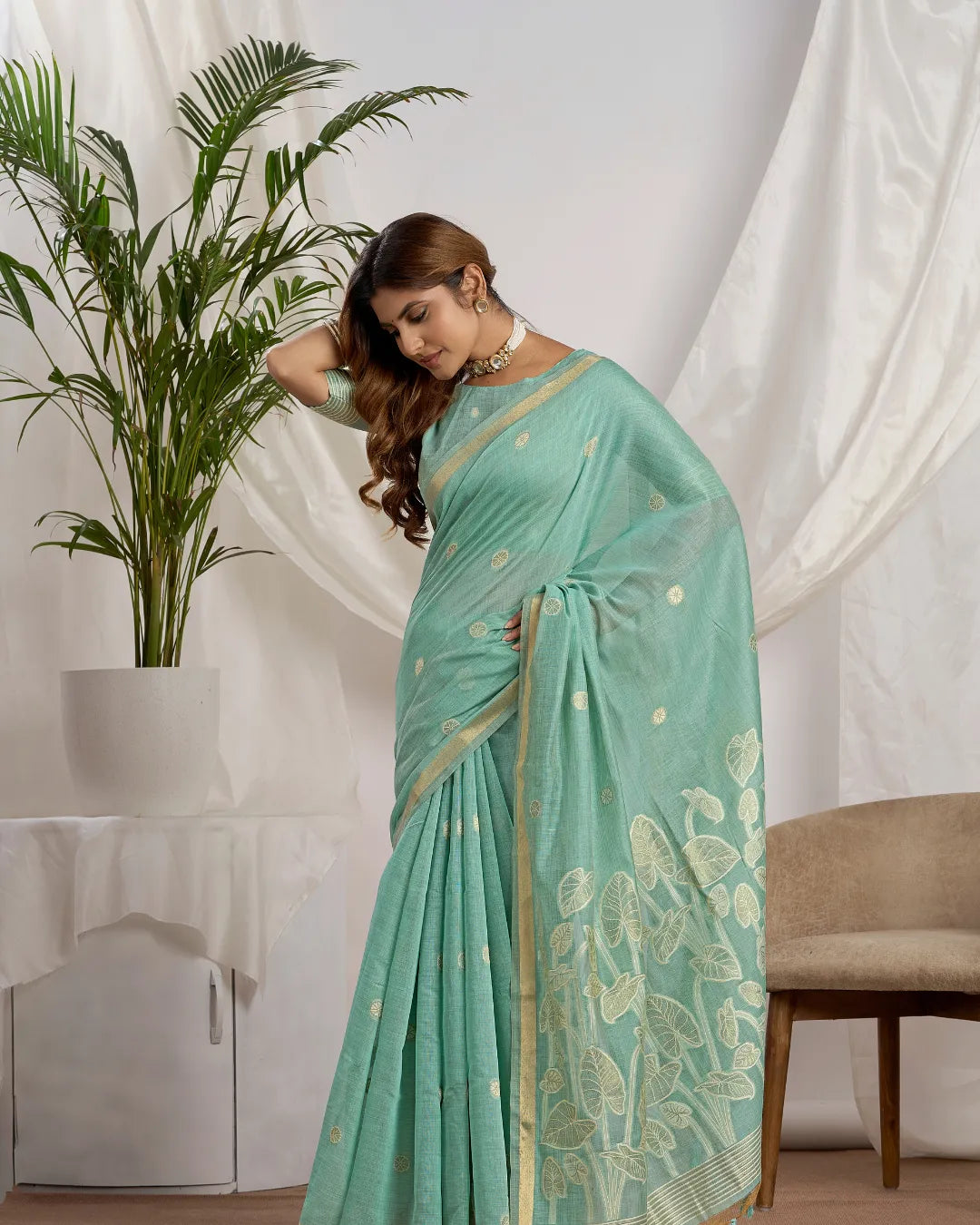 Sky Blue Muga Cotton Jamdani Saree with Jari Border