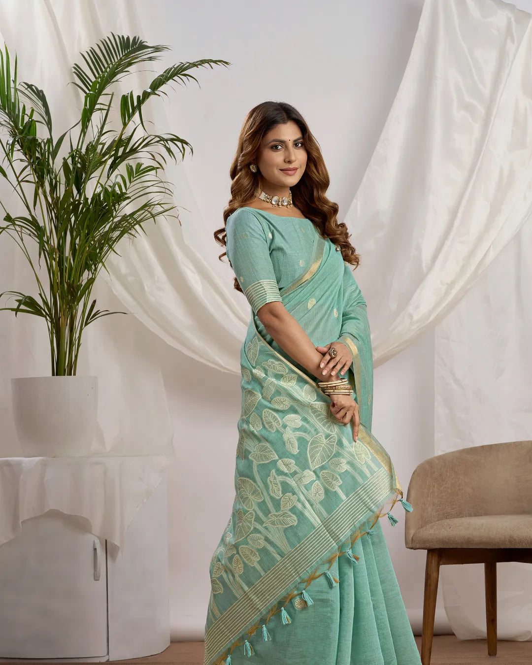Sky Blue Muga Cotton Jamdani Saree with Jari Border