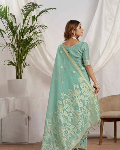 Sky Blue Muga Cotton Jamdani Saree with Jari Border