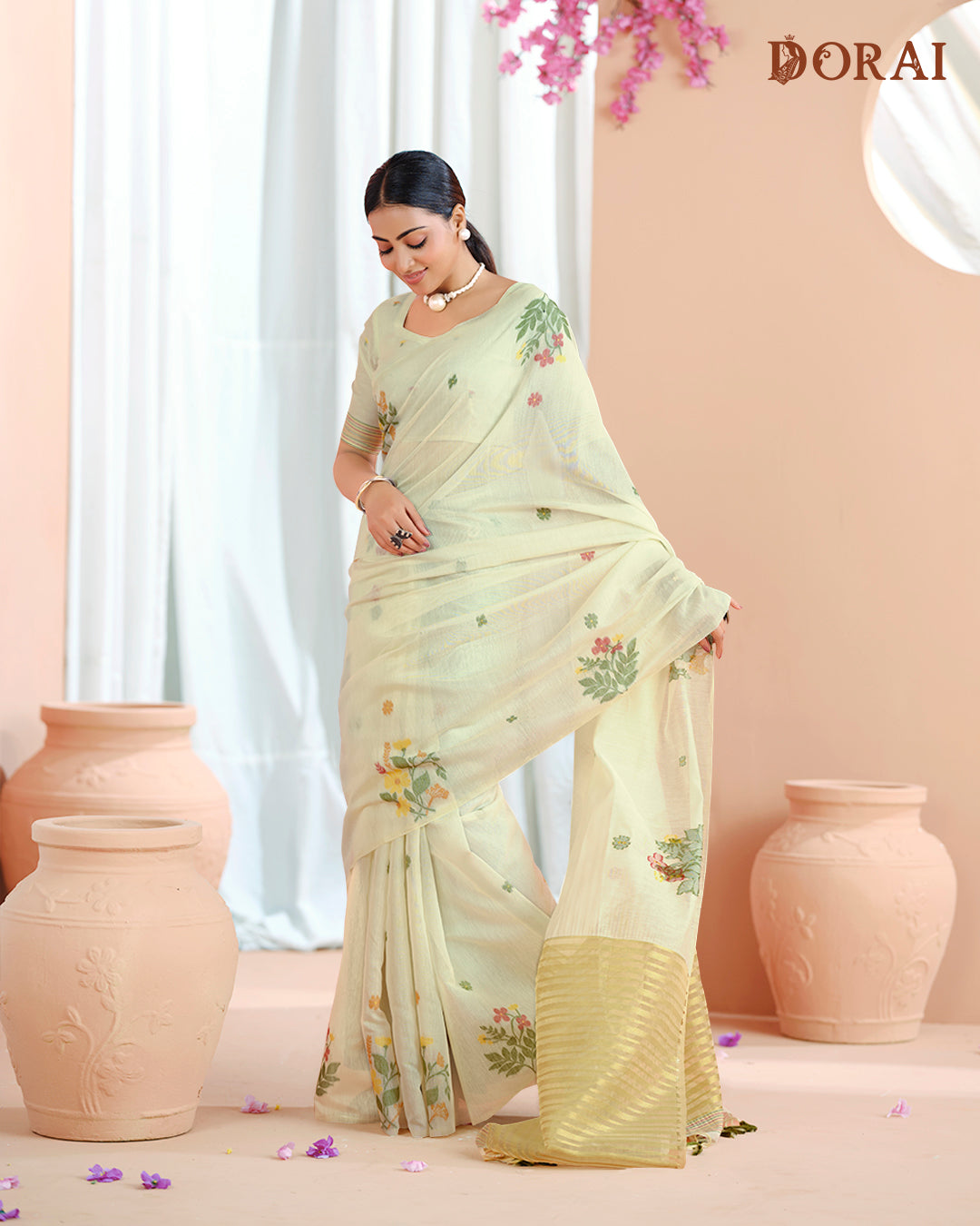 Ivory Yellow Muga-Cotton Jamdani Saree – Floral Woven Design and Oragana Pallu
