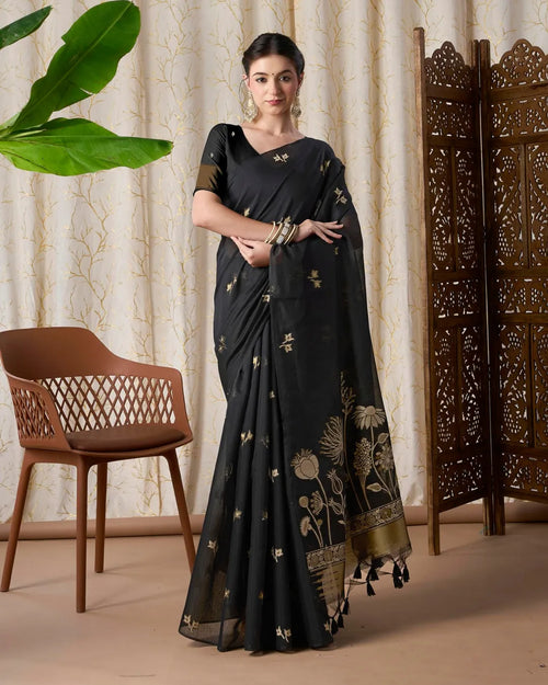 Black Muga Cotton Jamdani Saree with Floral Pallu