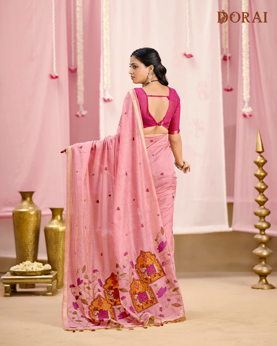 Rose Bloom – Pink Muga Cotton Saree with Ethnic Artistry