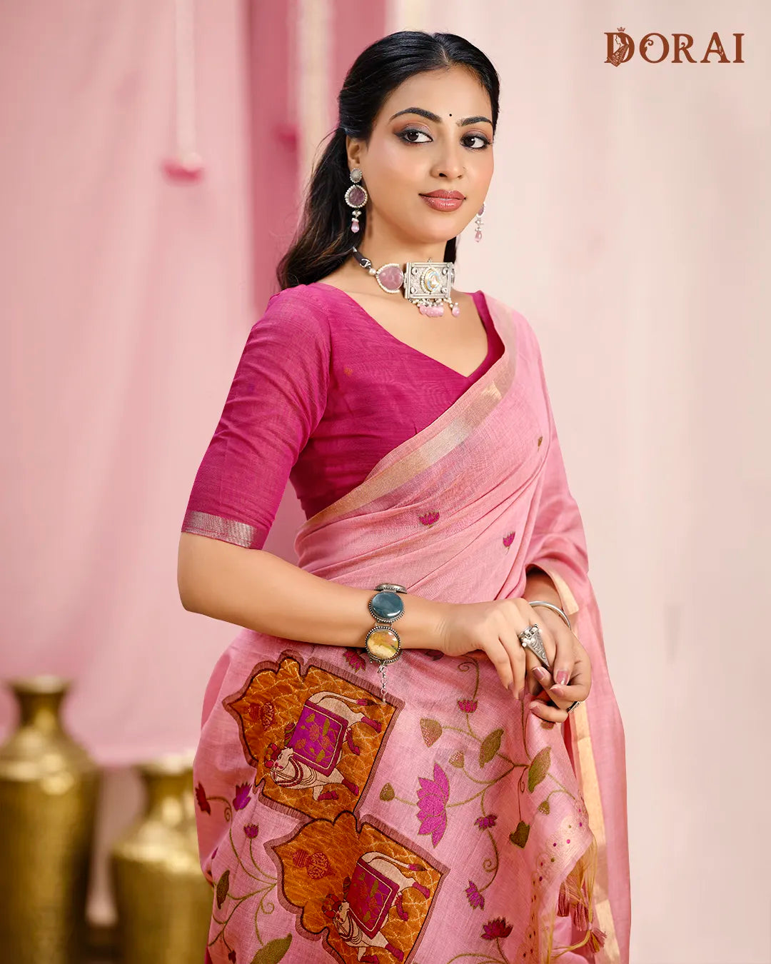 Rose Bloom – Pink Muga Cotton Saree with Ethnic Artistry
