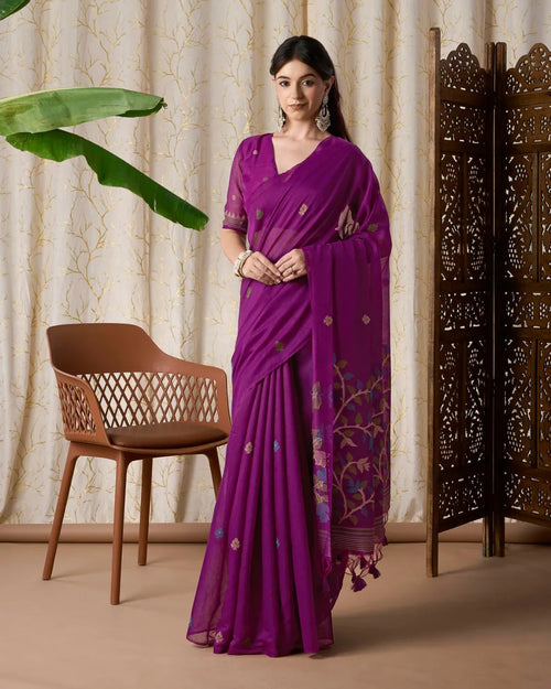 Wine Jamdani Muga Cotton Saree with Traditional Resham Border