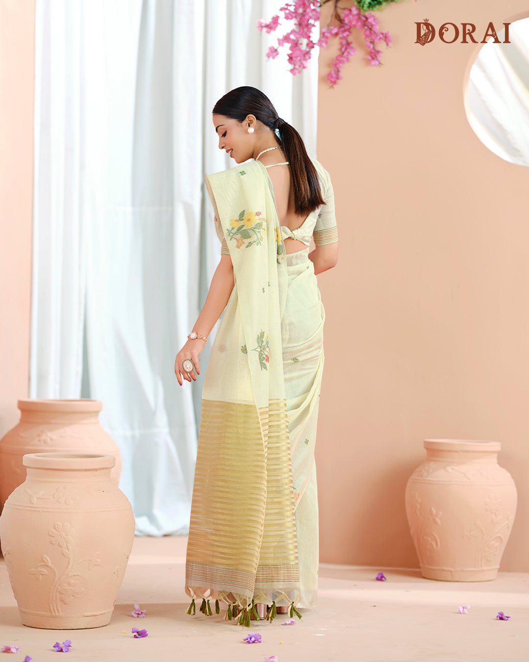 Ivory Yellow Muga-Cotton Jamdani Saree – Floral Woven Design and Oragana Pallu