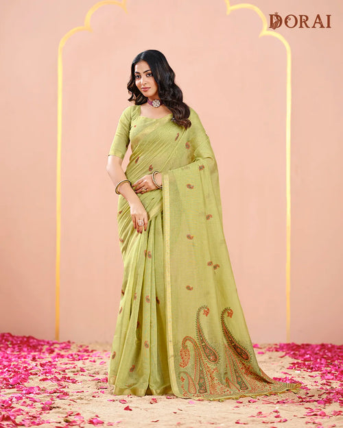 Lime Refresh – Pista Green Muga Cotton Saree with Heritage Weave