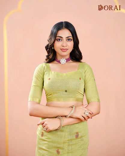 Lime Refresh – Pista Green Muga Cotton Saree with Heritage Weave