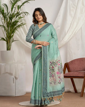 Sky Blue Pichwai Muga Cotton Jamdani Saree with Contrast Pallu