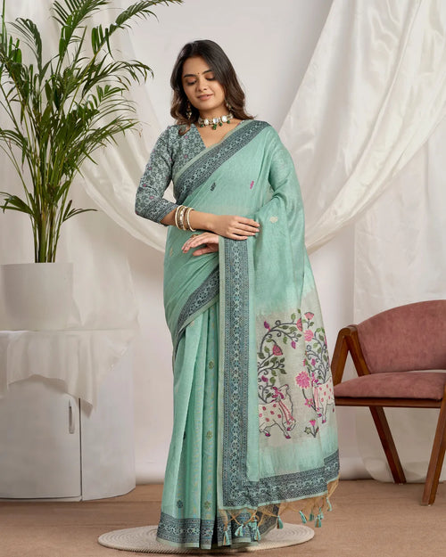 Sky Blue Pichwai Muga Cotton Jamdani Saree with Contrast Pallu