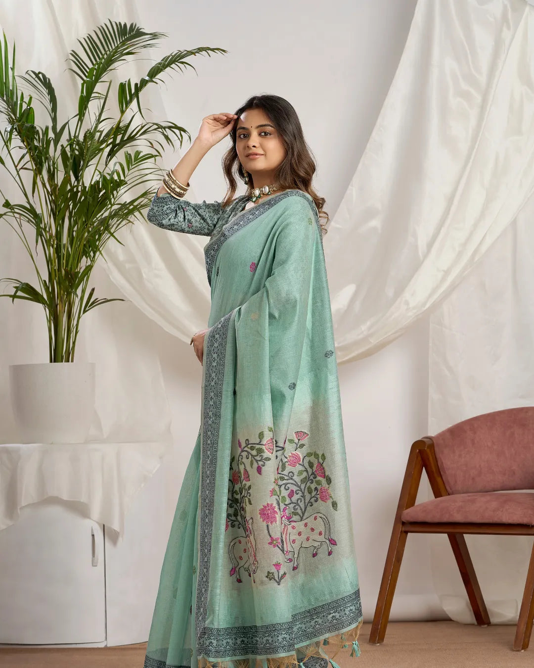 Sky Blue Pichwai Muga Cotton Jamdani Saree with Contrast Pallu