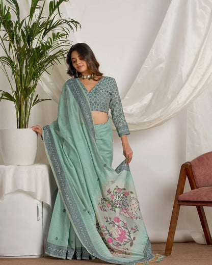 Sky Blue Pichwai Muga Cotton Jamdani Saree with Contrast Pallu