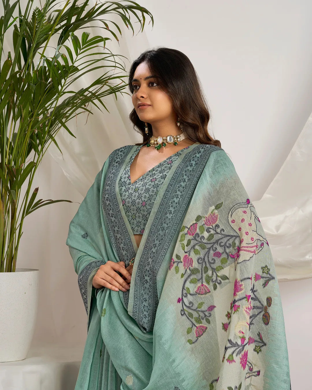 Sky Blue Pichwai Muga Cotton Jamdani Saree with Contrast Pallu