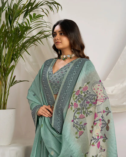Sky Blue Pichwai Muga Cotton Jamdani Saree with Contrast Pallu