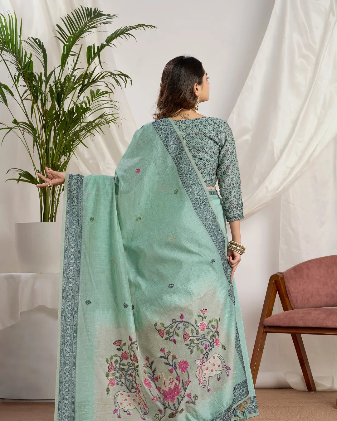 Sky Blue Pichwai Muga Cotton Jamdani Saree with Contrast Pallu