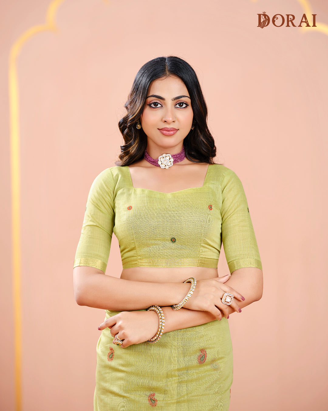 Light Sage Green Jamdani Muga Cotton Saree | Woven Paisley Motifs