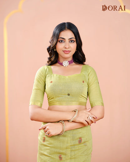 Light Sage Green Jamdani Muga Cotton Saree | Woven Paisley Motifs