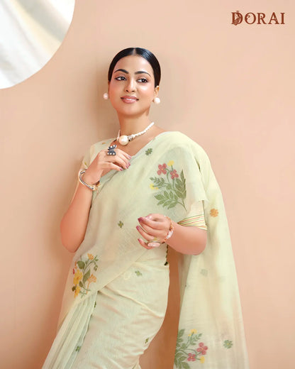 Creamy Radiance – Chikoo Muga Cotton Saree with Floral Artistry