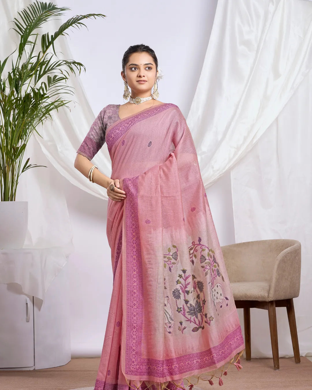 Sky Blue Pichwai Muga Cotton Jamdani Saree with Contrast Pallu