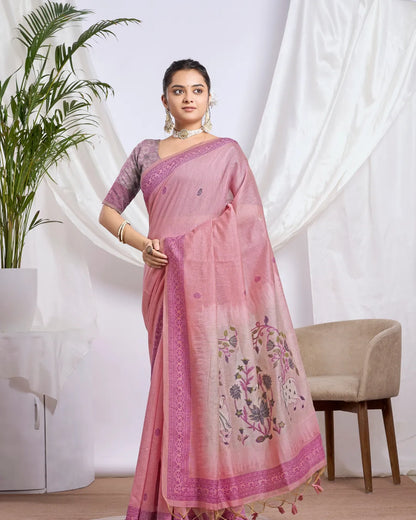 Blush Devotion - Pink Pichwai Muga Cotton Jamdani Saree with Contrast Pallu