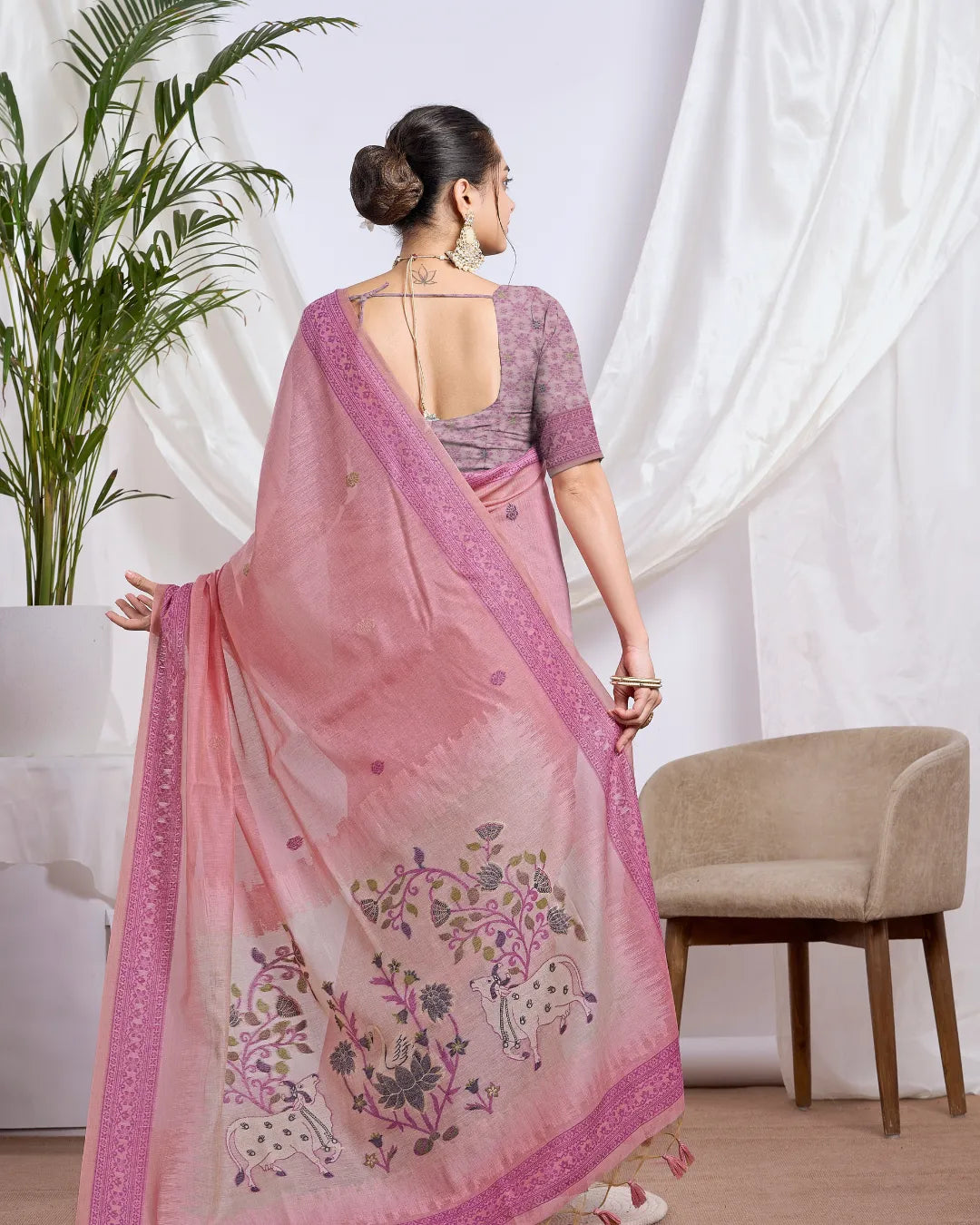 Blush Devotion - Pink Pichwai Muga Cotton Jamdani Saree with Contrast Pallu