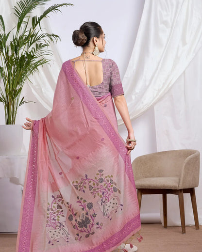 Blush Devotion - Pink Pichwai Muga Cotton Jamdani Saree with Contrast Pallu