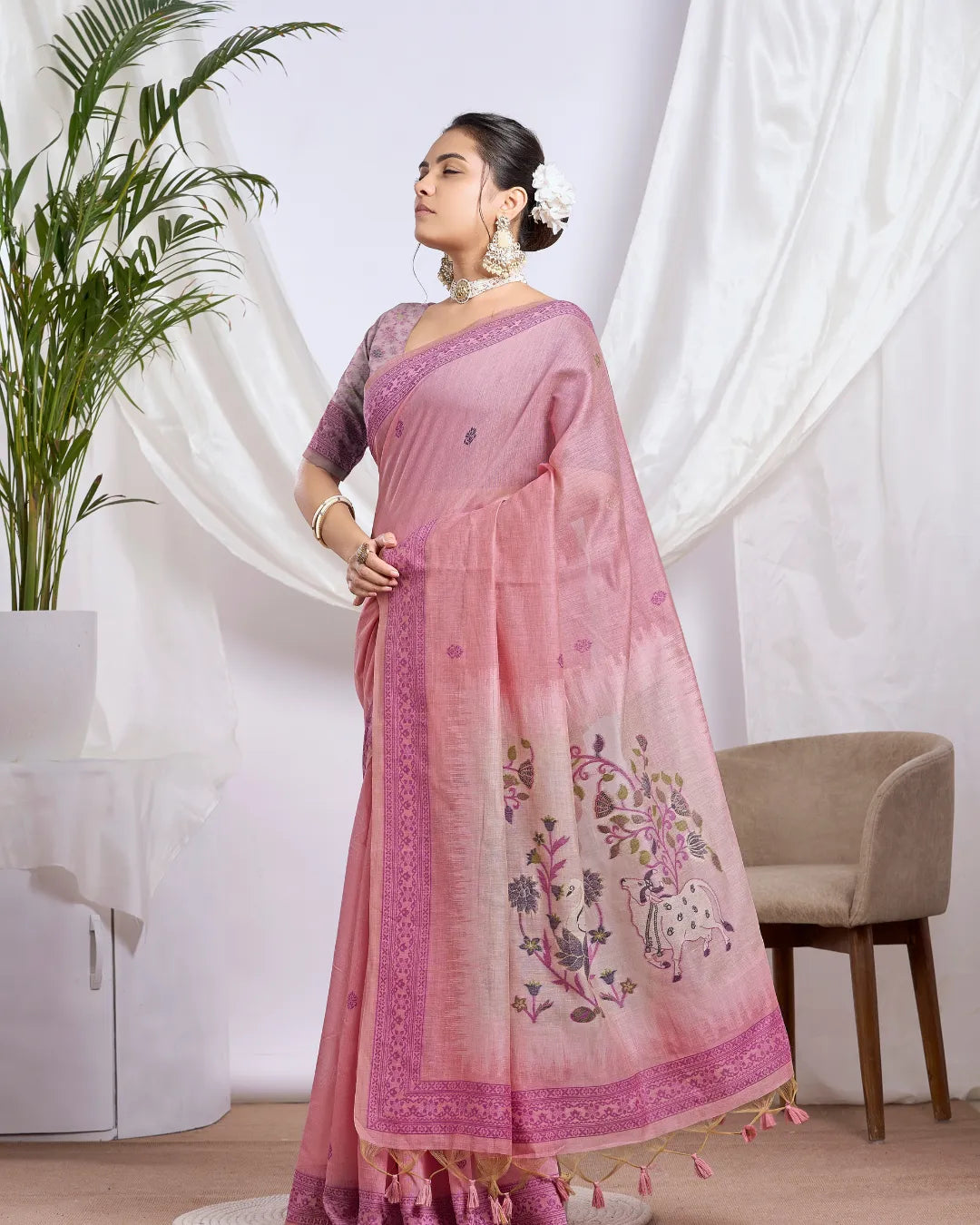 Blush Devotion - Pink Pichwai Muga Cotton Jamdani Saree with Contrast Pallu