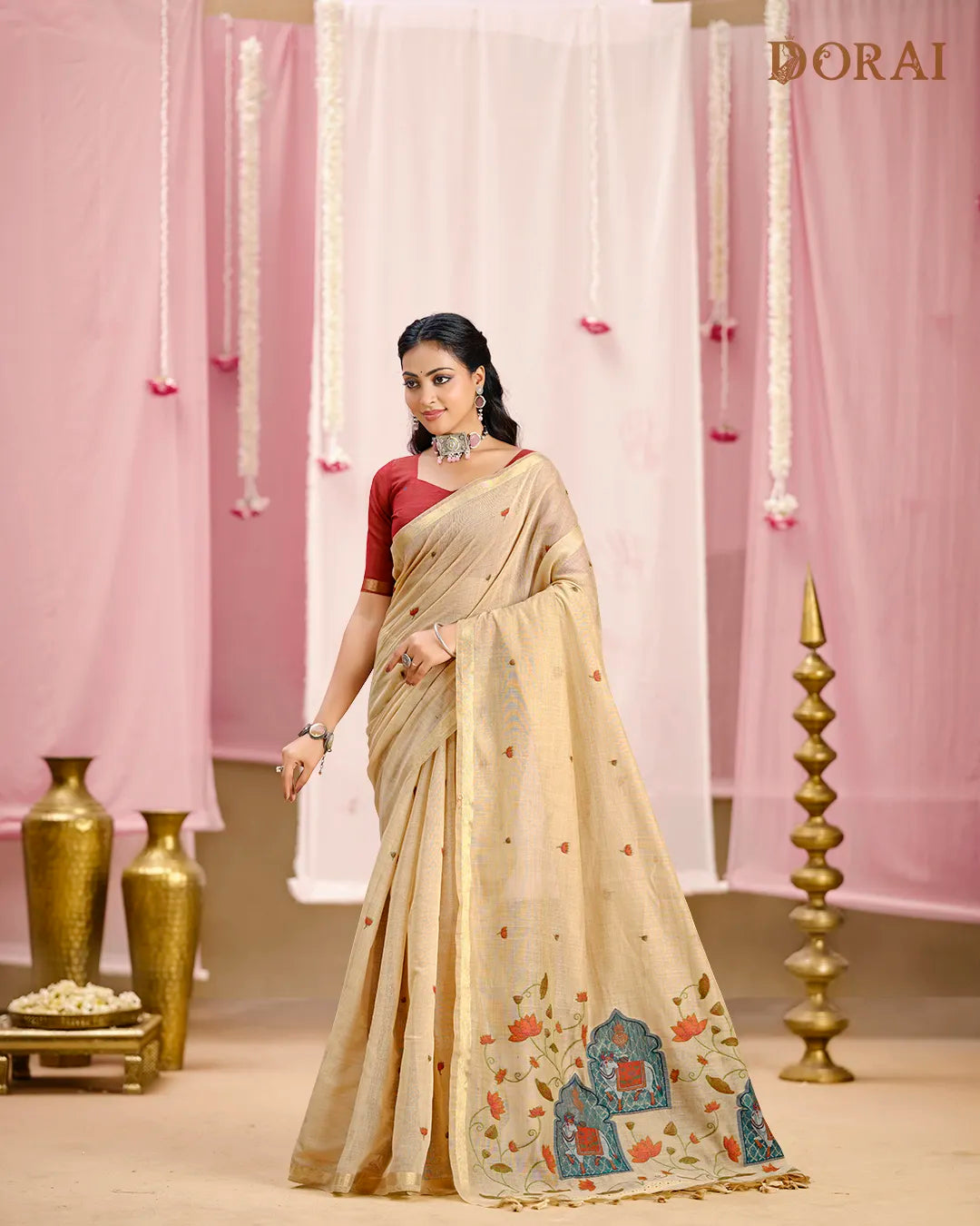 Rose Bloom – Pink Muga Cotton Saree with Ethnic Artistry