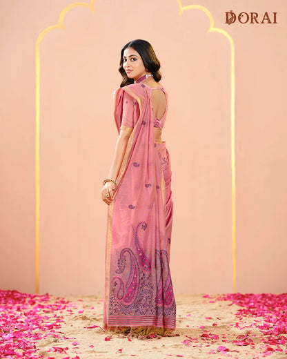 Rose Grace – Pink Muga Cotton Saree with Mango Motifs