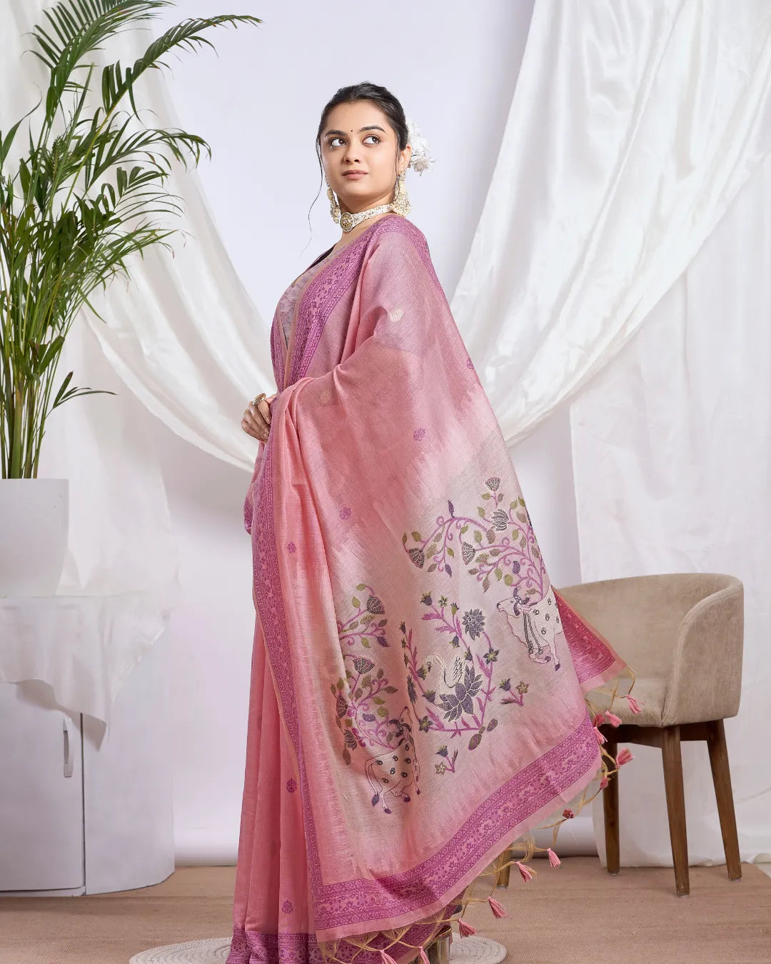 Blush Devotion - Pink Pichwai Muga Cotton Jamdani Saree with Contrast Pallu