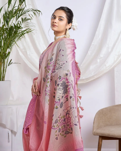 Blush Devotion - Pink Pichwai Muga Cotton Jamdani Saree with Contrast Pallu