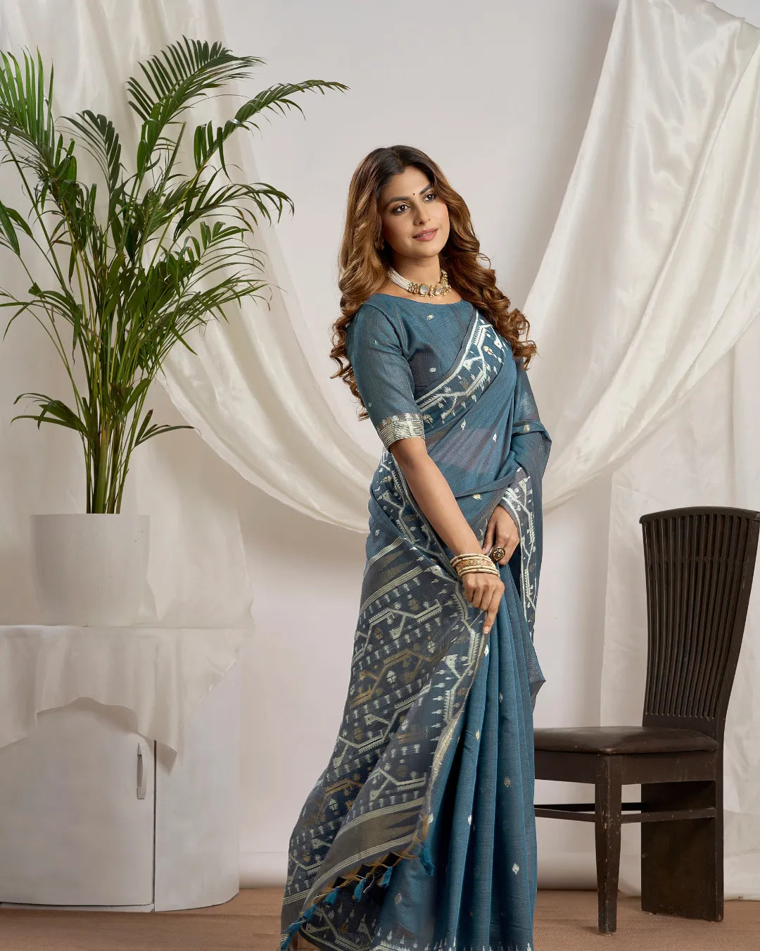 Slate Elegance – Dusty Blue Muga Cotton Saree with Tribal Weave
