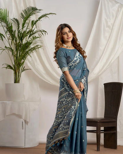 Slate Elegance – Dusty Blue Muga Cotton Saree with Tribal Weave