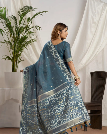 Slate Elegance – Dusty Blue Muga Cotton Saree with Tribal Weave