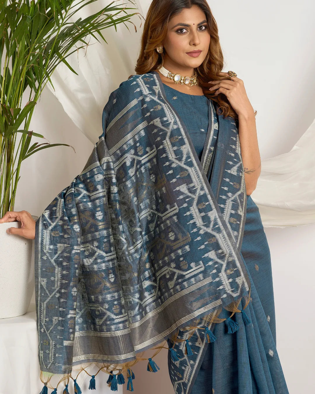 Slate Elegance – Dusty Blue Muga Cotton Saree with Tribal Weave