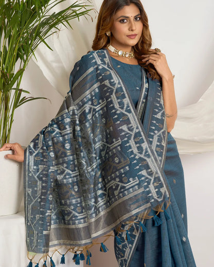 Slate Elegance – Dusty Blue Muga Cotton Saree with Tribal Weave