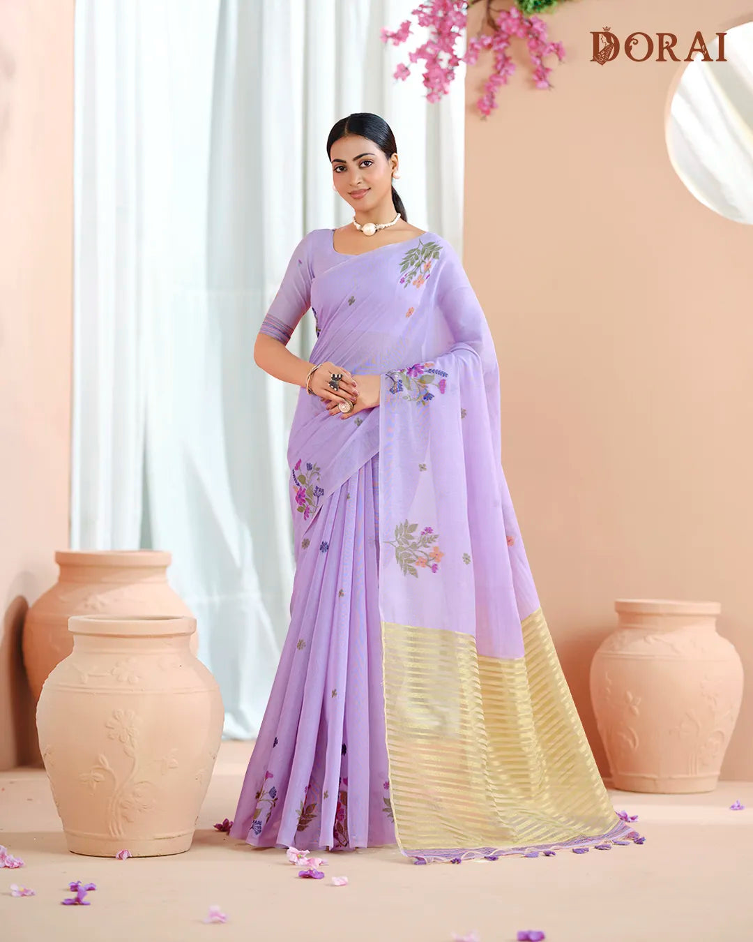 Azure Breeze – Sky Blue Muga Cotton Saree with Floral Charm