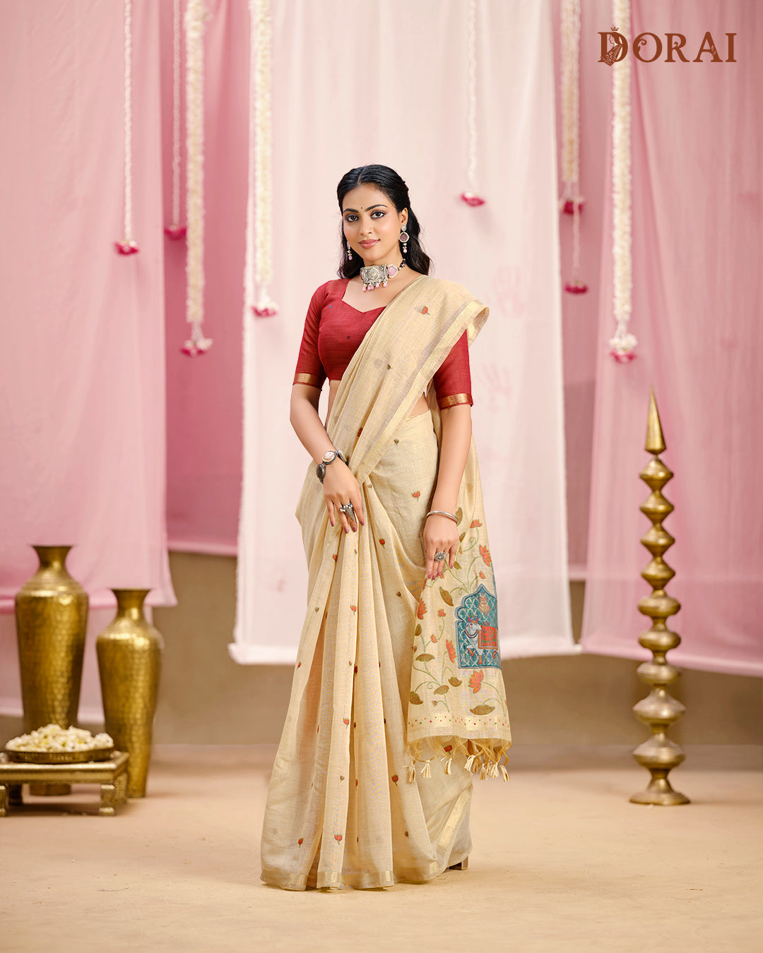 Pastel Green  Rangkat Muga-Cotton Saree | Ethnic Motifs with Contrast Blouse