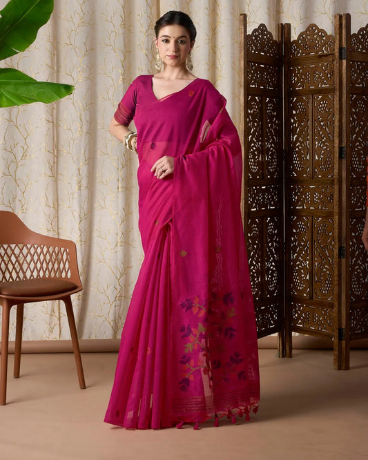 Rani Pink Jamdani Muga Cotton Saree with Traditional Resham Border